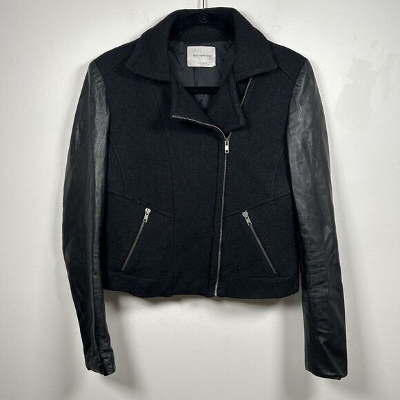 Bec & Bridge Leather Wool Alpaca Moto Jacket Pockets Zip Black Women's Size 6 - Picture 1 of 7